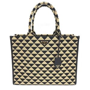 Prada Triangolo Jacgu Handbag Tote Bag Fabric Leather Black X Beige